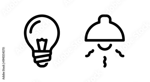 Simple icons of a light bulb and a lamp with black and white with overhead light with white background with flat design with idea generation with outline icon
