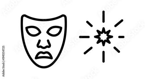 Black line art icons: sad theater mask and bursting star symbol with clean lines