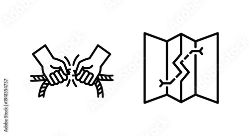 Abstract icons: hands tearing rope and folded map with fault line with line art with clean lines