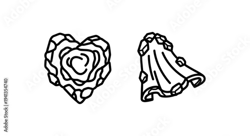 Abstract stone heart icon and flowing rock veil design with line art with clean lines
