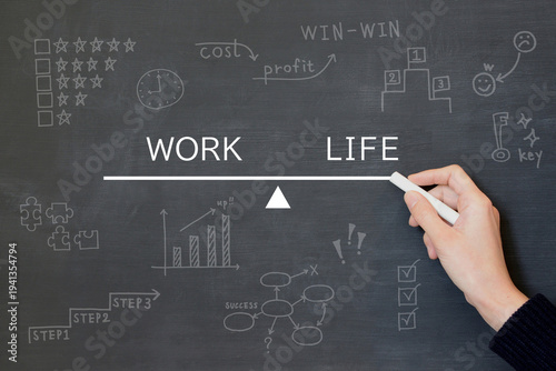 ワークライフバランスのシーソーを黒板に描く男性
