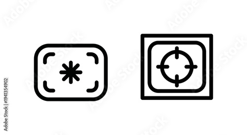 Minimalist line art icons for interface design: a soft frame with central starburst and a still range with precise crosshair, representing focus and camera functions