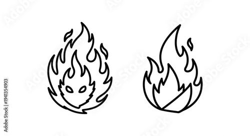Stylized fire line art icons: a glowing flare with mythological face detail and a simpler blazefold, symbolizing heat, power, and elemental energy