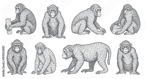 Collection of Monkey Illustrations in Various Poses.