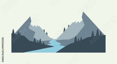 Mountain Landscape with River Illustration.