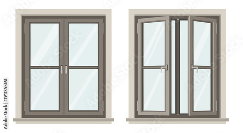Double and triple casement windows with frames.