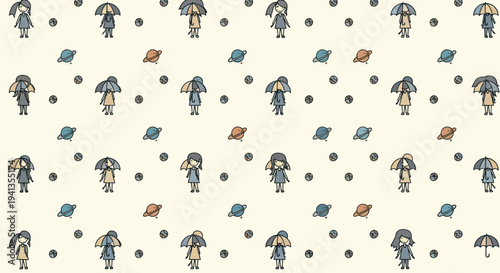 Cartoon Characters with Umbrellas and Flags.