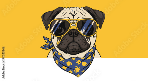 Pug Dog Wearing Sunglasses and Bandana.