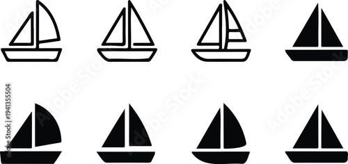 Set of Black and White Sailboat Icons Representing Sailing, Recreation, and Marine Travel Vector Illustration Collection