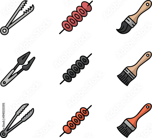 Barbecue Tools Icon Set with Grilling Tongs, Meat Skewer, and Basting Brush in Stroke, Silhouette, and Colored Professional Vector Formats