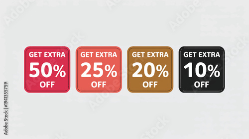 Four square discount badges offering 50%, 25%, 20%, and 10% off in red, coral, brown, and black