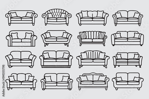 Set of various sofa and couch icons, outline illustrations of modern and vintage furniture for living room