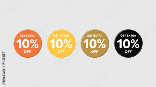 Set of four discount tags with 10% off offer in different colors: orange, yellow, gold, and black