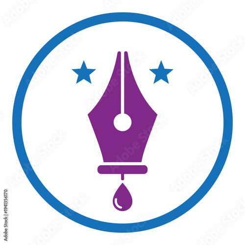 Purple fountain pen nib with blue stars and circle icon design element icon