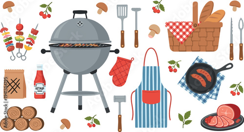 Barbecue grill vector set with BBQ tools, meat, apron, bread basket and outdoor cooking elements cartoon illustration