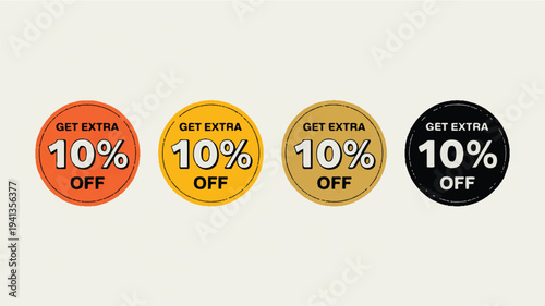 Four circular discount tags offering an extra 10% off in orange, yellow, gold, and black