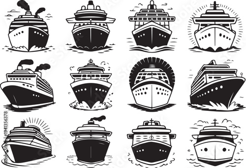 Collection of cruise ship and ocean liner illustrations with smoke from chimneys representing sea travel and vacation voyages
