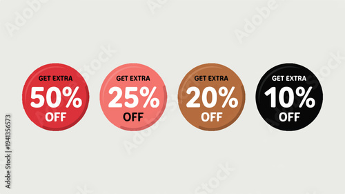 Four rounded square discount labels showing 50%, 25%, 20%, and 10% off for sales promotions