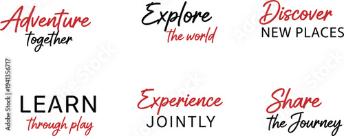 Travel and adventure typography set featuring inspirational quotes explore the world discover new places adventure together and share the journey for creative designs.