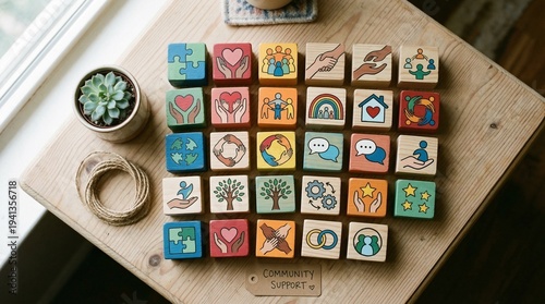 Colorful wooden blocks displaying symbols of community and support  