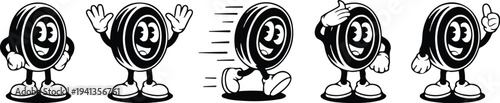 Vintage Rubber Tire Mascot Character in Classic Rubber Hose Animation Style Performing Running, Saluting, and Waving Actions Vector Illustration