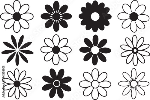 Assortment of stylized daisy and flower silhouettes, abstract floral shapes with varying petal counts for decorative and artistic uses