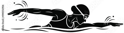 Female swimmer freestyle stroke illustration with goggles and swim cap showing athletic motion.