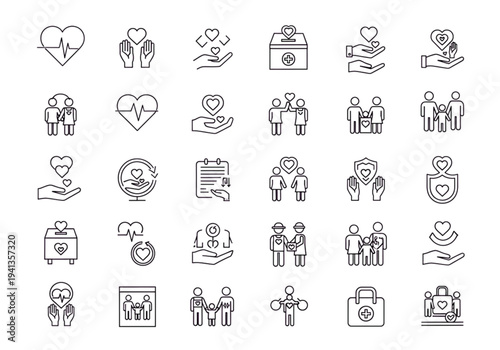 Compassion and Charity Line Icons Set – Love, Helping Hands, Donation and Community Care Outline Vector Collection