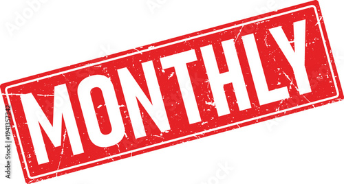 Red Grunge Rubber Stamp with Monthly Text, Rectangular Shape on White