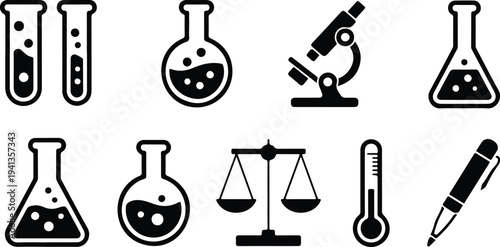 Science Laboratory Equipment Silhouette Icon Set with Test Tubes, Beakers, and Microscope Black and White Vector Collection