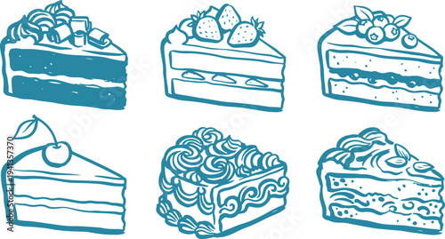 Hand Drawn Cake Slice Set Vector Illustration, Dessert Cake Sketch Collection.