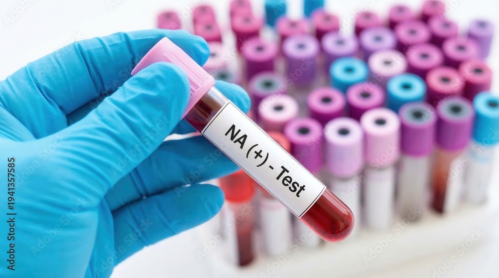 Obraz premium Hand in blue glove holding a blood test tube labeled NA - Test with other tubes in background.