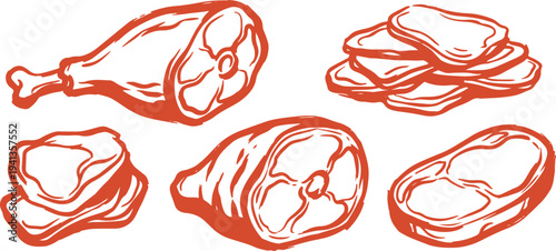 Hand Drawn Meat Cuts Set Vector Illustration, Ham and Steak Food Sketch Collection.
