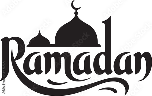 ramadan calligraphy text mosque dome crescent moon silhouette vector illustration