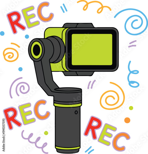 Modern Camera Stabilizer Gimbal with Recording Icons and Colorful Creative Doodles for Video Production, Content Creator, and Vlogging Concept Vector Illustration