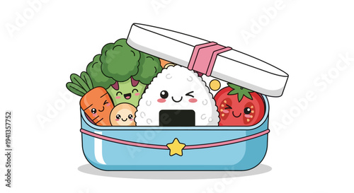 Cute Kawaii Bento Box with Smiling Onigiri and Vegetables