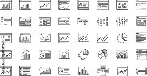 Business dashboard UI icons set, analytics charts and web interface line vector