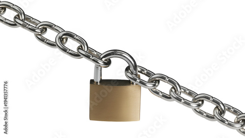 Silver chain with brass padlock symbolizing security and protection isolated on transparent white background png