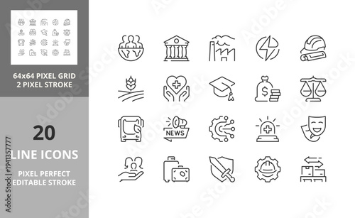 Line icons about society sectors. Contains such icons as industry, public sectors, trade and more. Editable vector stroke. 64 and 256 Pixel Perfect scalable to 128px...