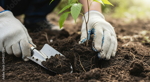 Hands Planting Tree Seedling with Small Shovel Reforestation and Forest Conservation Go Green Earth