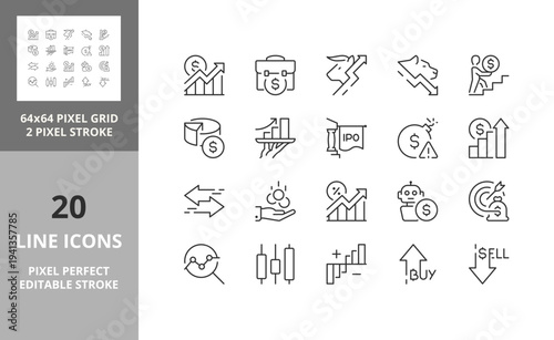 Line icons about stock markets. Contains such icons as high frequency trading, volatility, technical analysis and more. Editable vector stroke. 64 and 256 Pixel Perfect scalable to 128px...