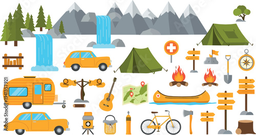 Camping adventure vector set with tent, campfire, canoe, bicycle, car, map and mountain landscape outdoor travel illustration