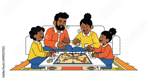A cartoon family of four sitting on a colorful rug playing a board game together in a cozy living room setting with a white couch and table.