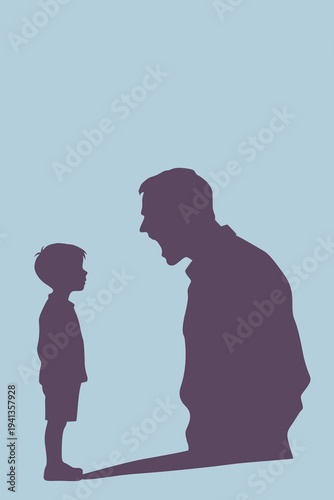 Shouting Father Looms Over Scared Child Silhouette: Dysfunctional Family Trauma, Noise