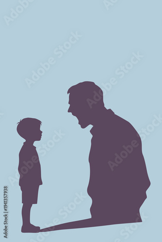 Shouting Father Looms Over Scared Child Silhouette: Dysfunctional Family Trauma, Noise