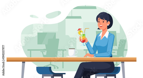 Woman enjoying cocktail and coffee break in modern office cafe