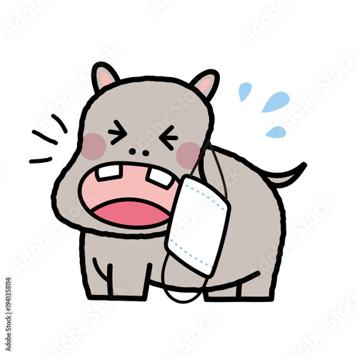 くしゃみをしているカバのシンプルかわいいイラスト