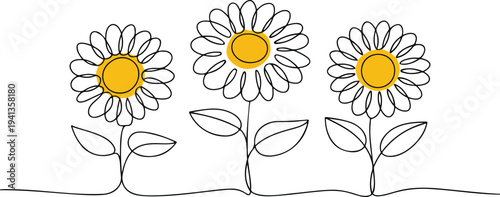 Continuous Line Art Drawing of Three Sunflowers with Bright Yellow Centers Summer Floral Botanical Vector Illustration Set