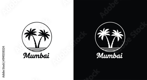 Black and white logo designs featuring palm trees in a circle with the word 'Mumbai' on a contrasting white and black background.