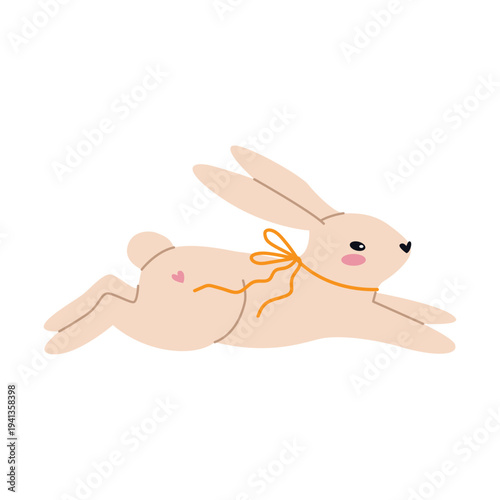Jumping bunny with ribbon and bow. Spring Easter rabbit character isolated on light background